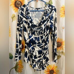 Adrianna Papell Navy and White Abstract Long Sleeve Top